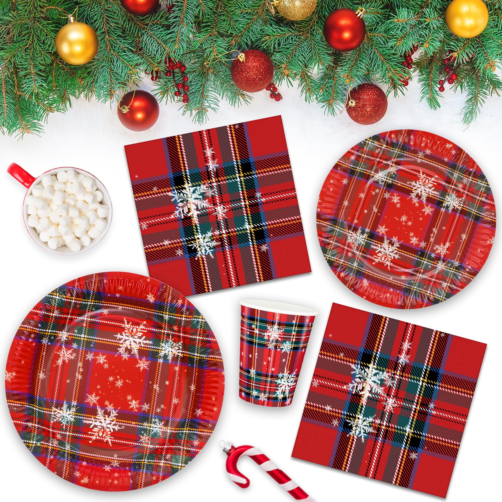 HNH Piatti, Tovaglioli e Bicchieri di carta Natale Rosso scozzese 100 pezzi Piatti di carta da dessert usa e getta Set di Stoviglie monouso per feste