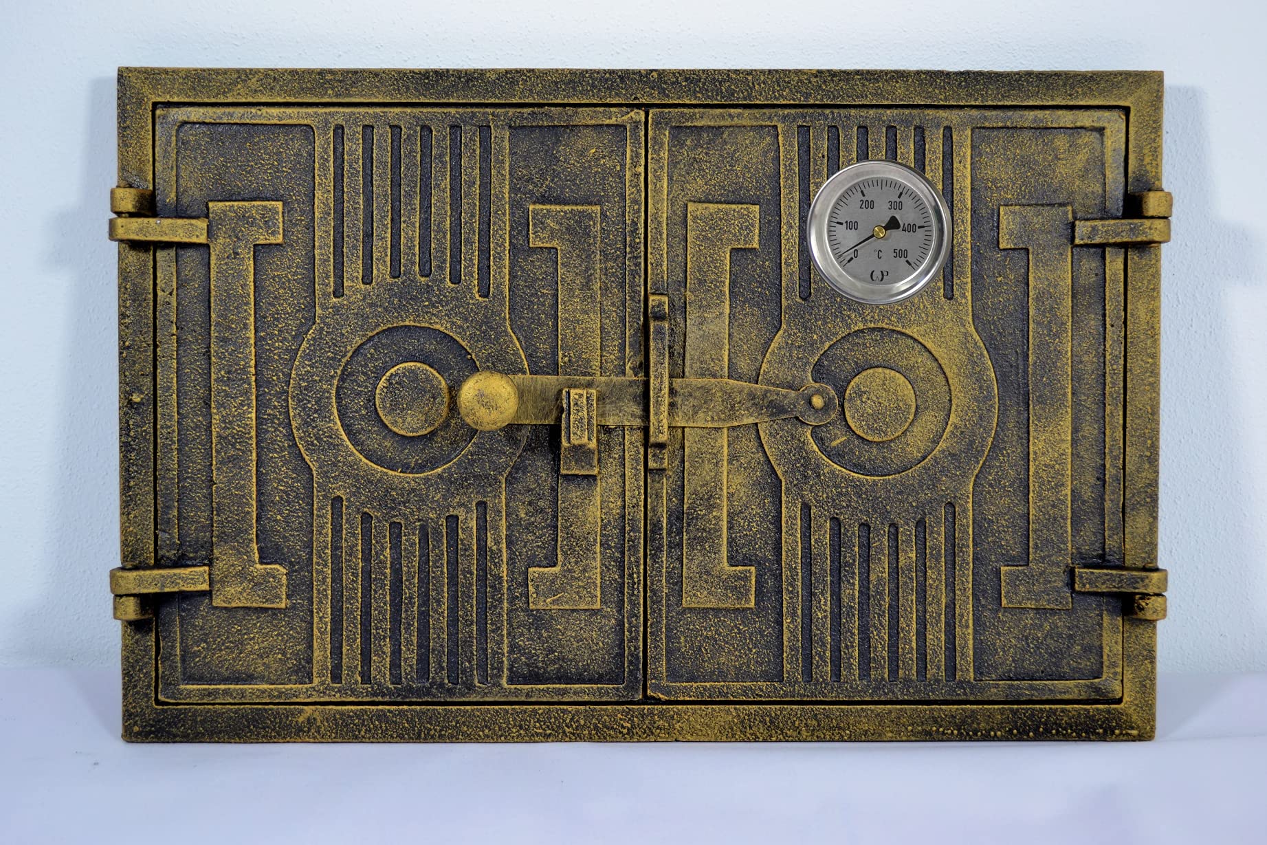 SEZAM double cast iron oven door with thermometer 500 °C with door latch, rectangular, pizza oven door - bread oven - stone oven door, 42 x 3 x 27.2 cm, painted old gold