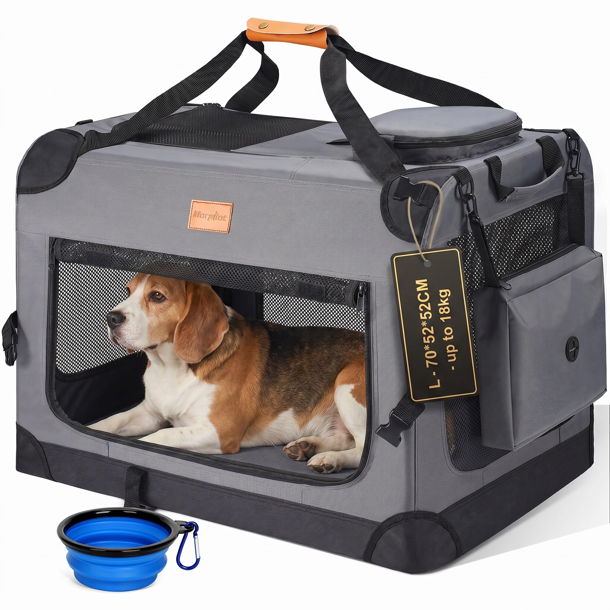 Morpilot Large Dog & Cat Carrier | Soft-Sided Pet Travel Crate, Foldable Dog Car Crate, with Collapsible Bowl, Shoulder Strap & Storage Pockets, L, Grey, (Max 18kg)