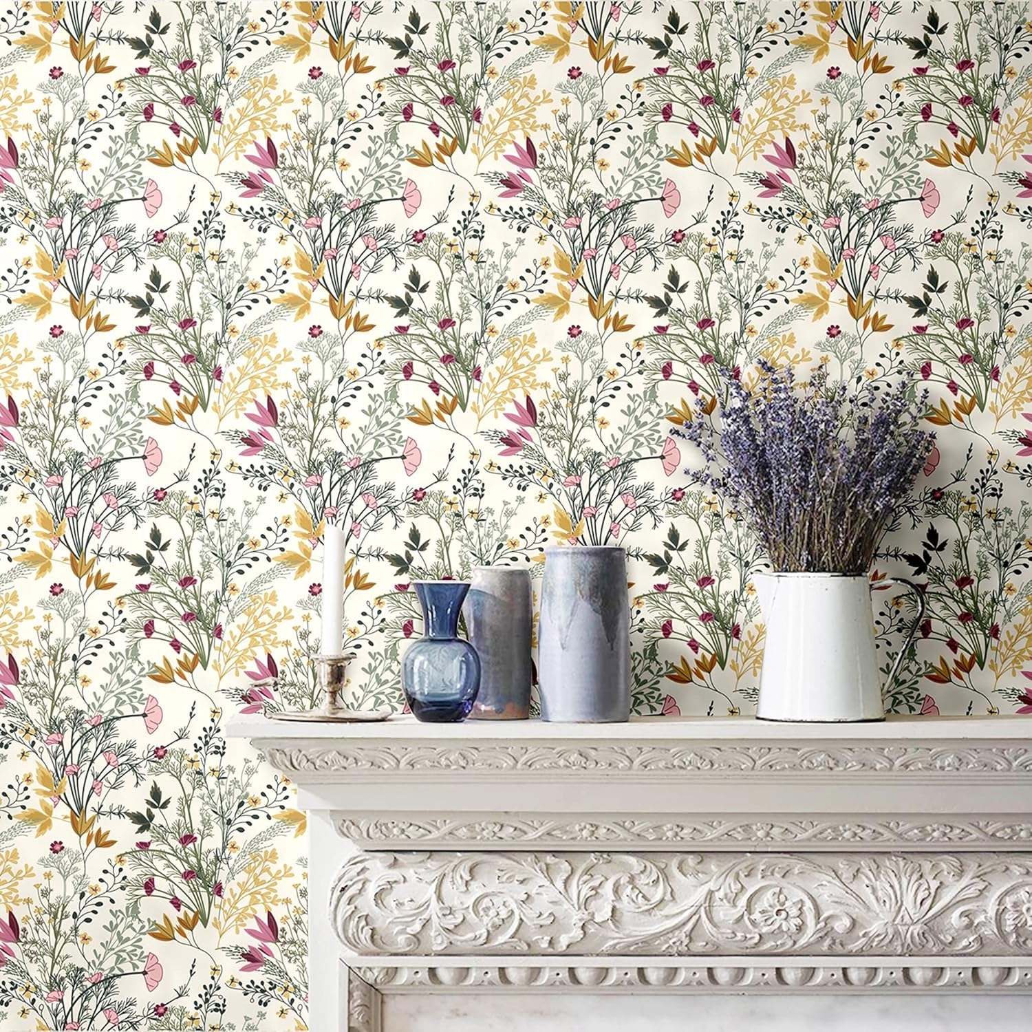 Blooming Wall DPYC06 Boho Botanical Leaves and Flowers Textured Peel and Stick Wallpaper Self-Adhesive Prepasted Wallpaper Wall Décor
