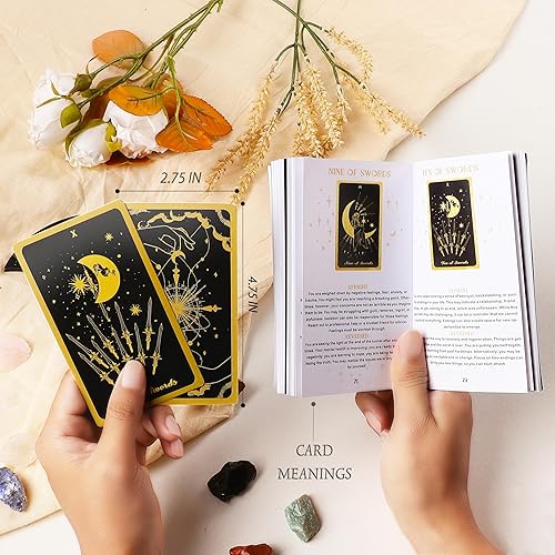 Miniatura 3 de 78 cartas de tarot con guía  Juego de regalo de tarot negro con tela de tarot y soporte, piedras de chakra y más, cartas de tarot, juego de