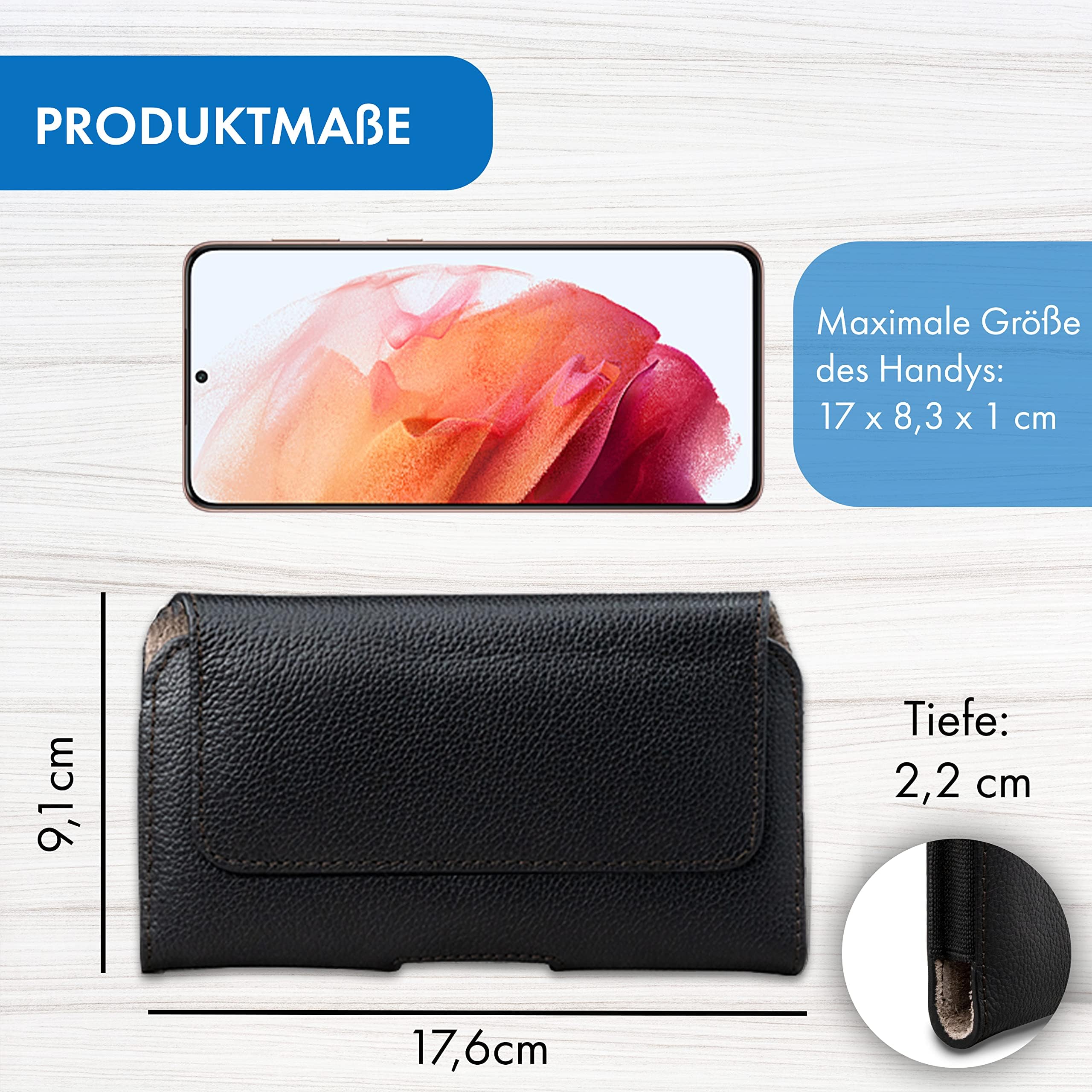 Handy Gürteltasche - universal quer Handytasche Größe 5XL - speziell für Herren Designed - Gürtel Handy Tasche mit Fester Gürtelschlaufe - Leder Smartphonetasche in schwarz