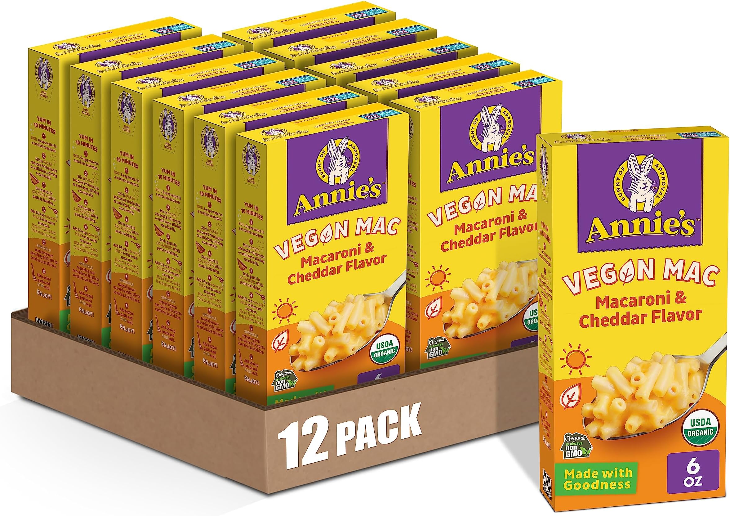 Annie's Vegan Mac and Cheddar Flavor Pasta and Sauce, Organic, Plant Based, Dinner Side or Snacks, 6 oz (Pack of 12)