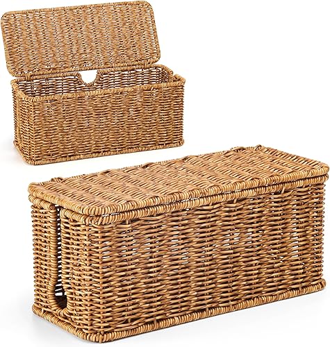 Miniatura 8 de Paquete de 2 cajas grandes de gestión de cables negras, organizador de cables de ratán de imitación tejido a mano, ocultador de cables, caja de