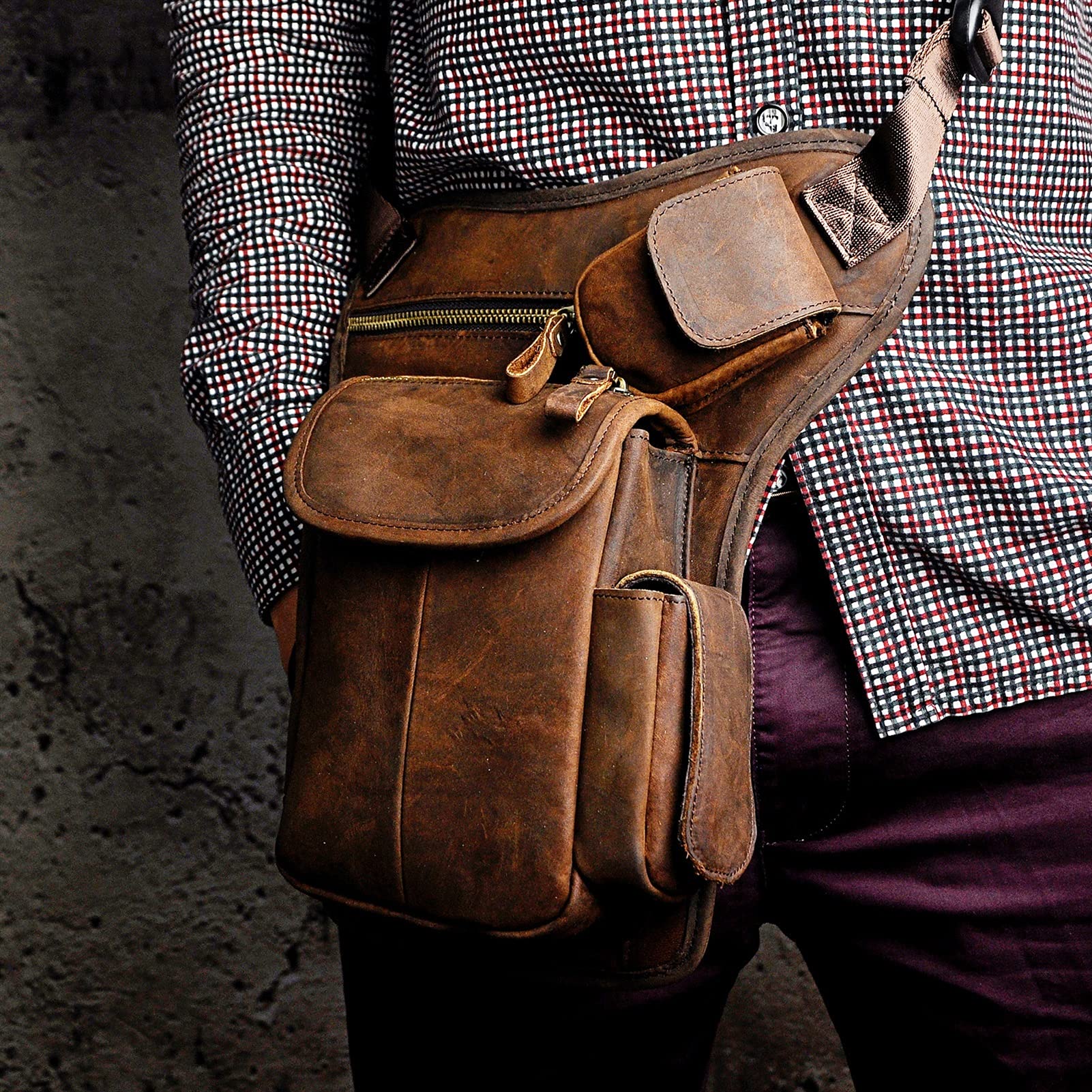 Borsa Da Gamba E Vita Motociclista Impermeabile - Nylon Marrone - Fanny Pack Unisex