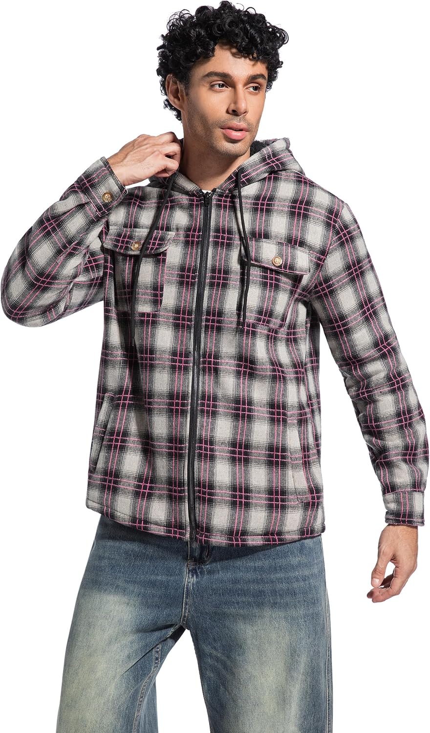 Men's Flannel Plaid Hooded Jackets Full Zip Sherpa Fleece Lined Hoodies Fashion Warm Coat - Image 3