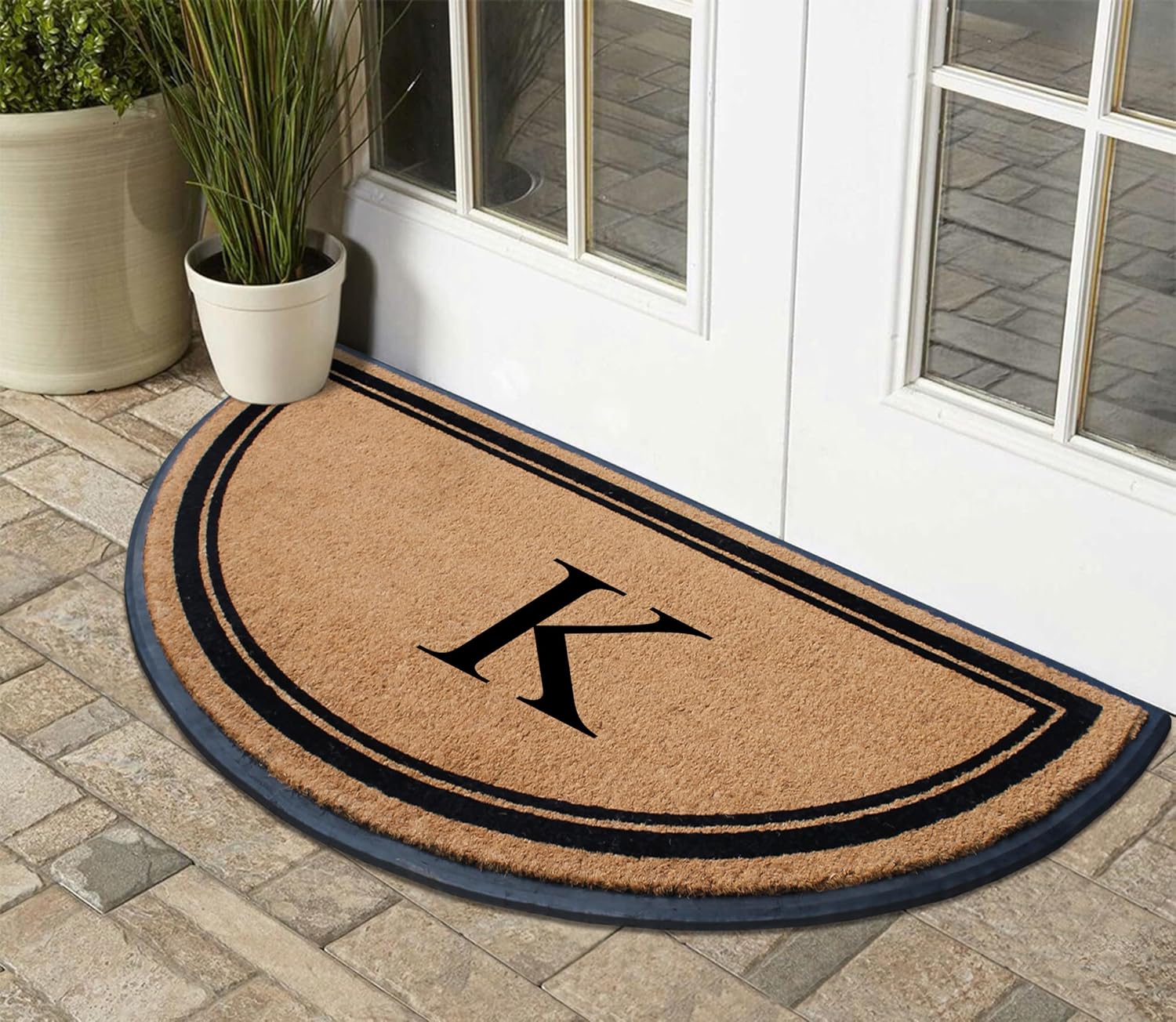 A1HC Natural Coir & Rubber Hand-Flocked Monogrammed Doormat - Heavy Duty Anti-Shedding Front Door Mat, Thick & Durable Entrance Mat, 36" x 72" - K
