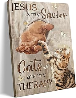 Jesus Cat Christian Canvas Wall Art The Hand of God Inspiring Painting Picture Wall Decor Cats are My THERAPY Poster Print Artwork for Church Prayer Room Living Room Bedroom Home Decoration