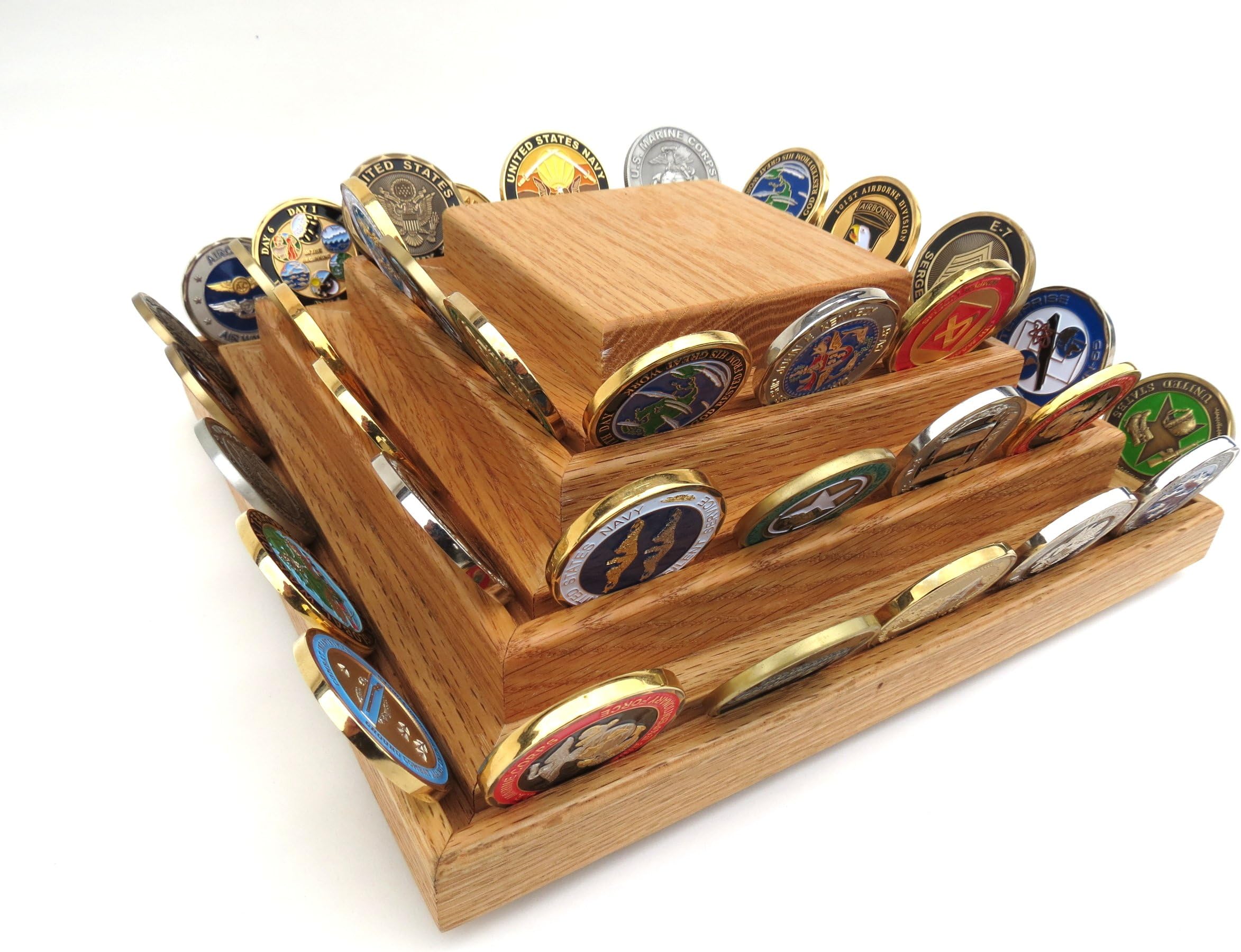 Military Challenge Coin Display - "spinner-style" (Solid Oak Wood)