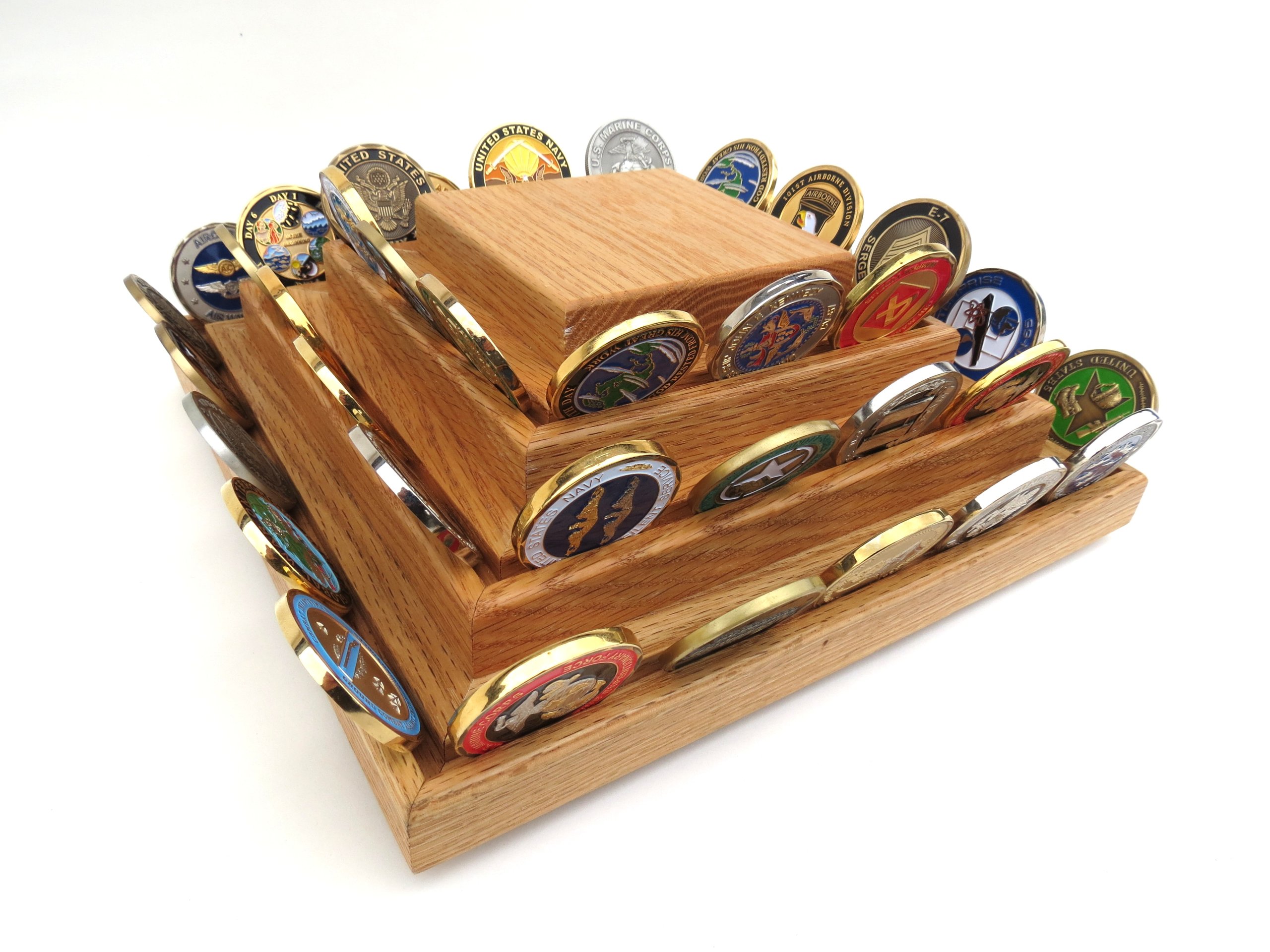 Military Challenge Coin Display - "spinner-style" (Solid Oak Wood)