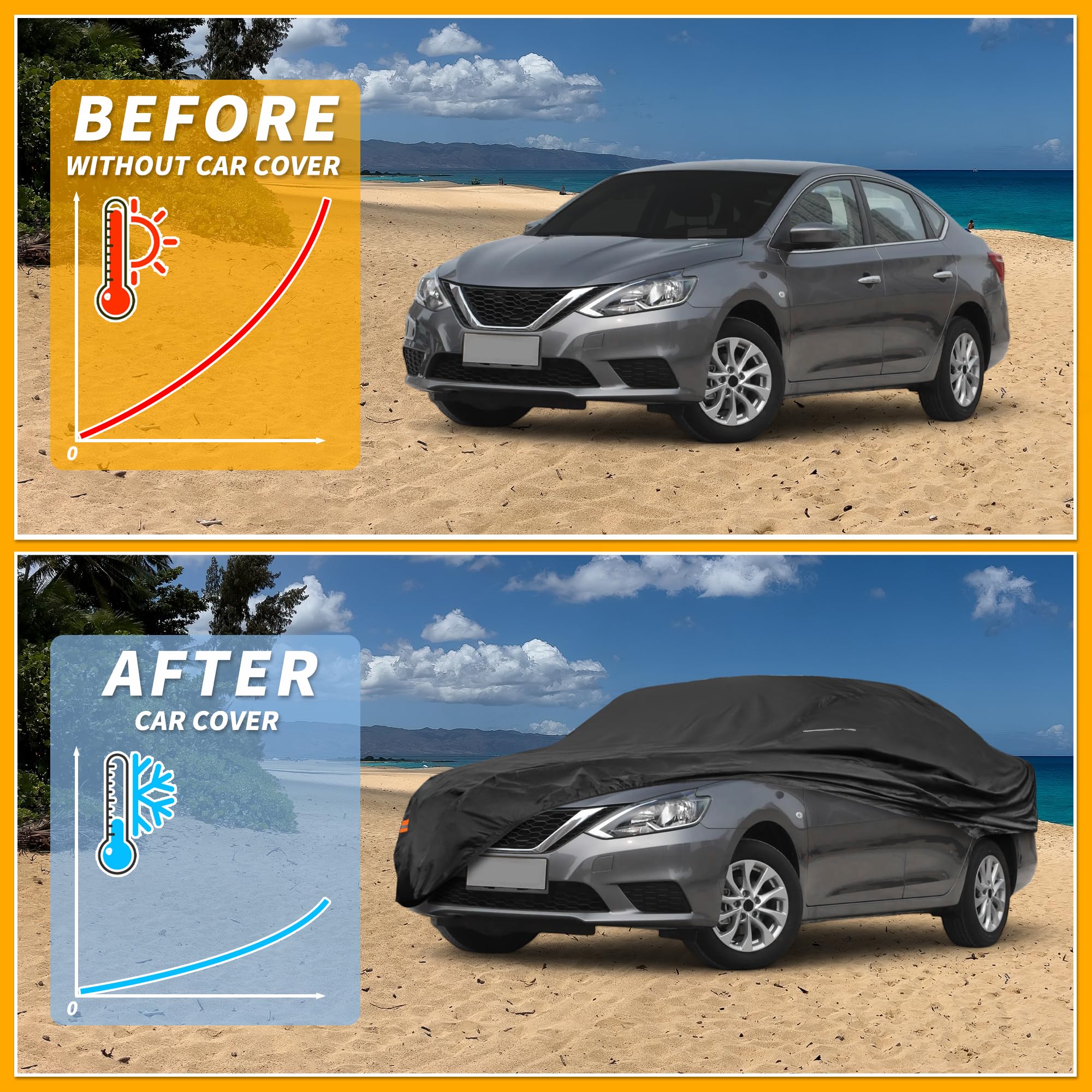 Partuto Waterproof All-Weather Universal Sedan Car Cover with Right Side Zipper Mirror Pocket 210D-PU Black Fits for Sedan — view 4