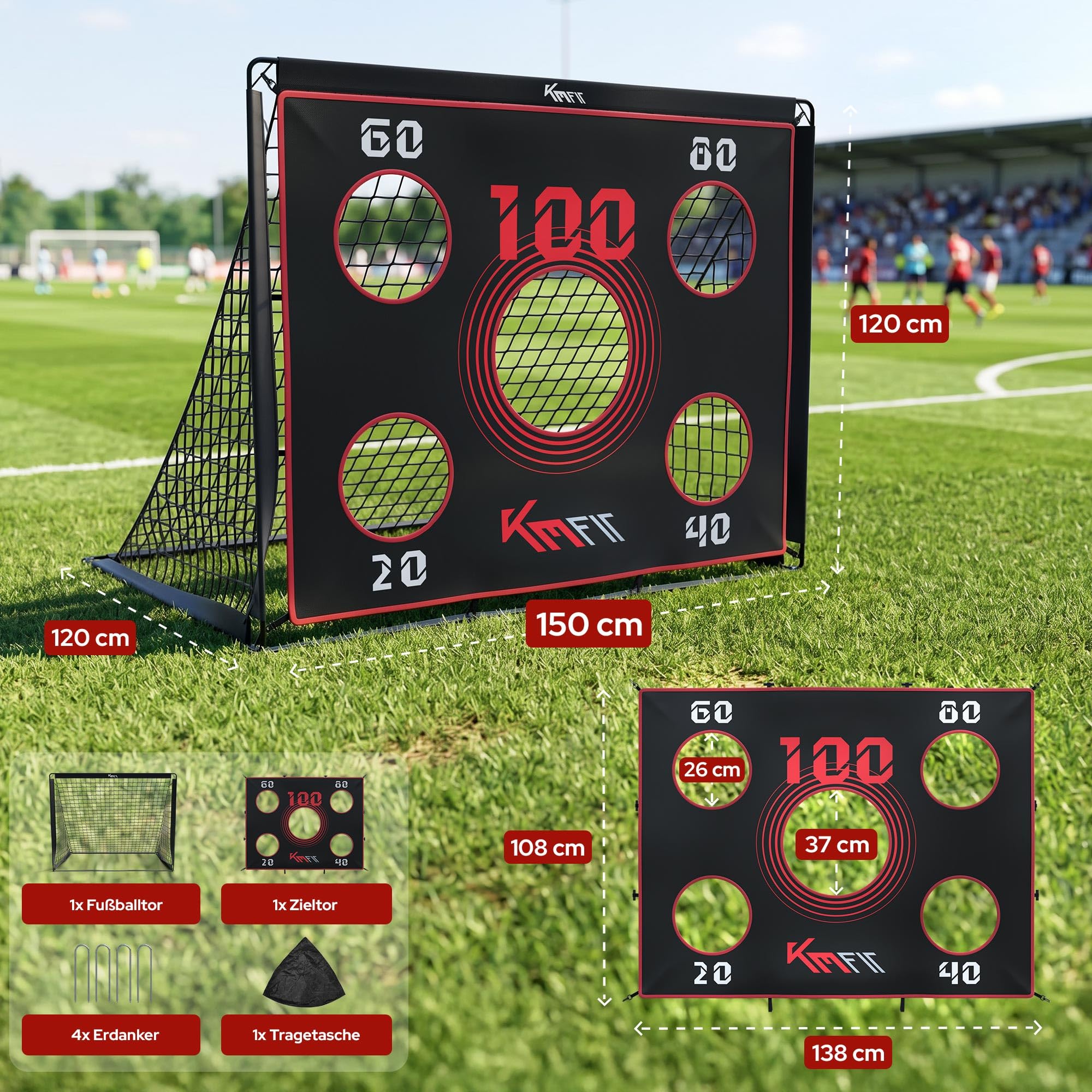 KM-Fit Fußballtor | Fußball Trainingsset für Kinder & Erwachsene | Trainingstor für Garten & Outdoor | Inkl. Bodenanker & Tragetasche