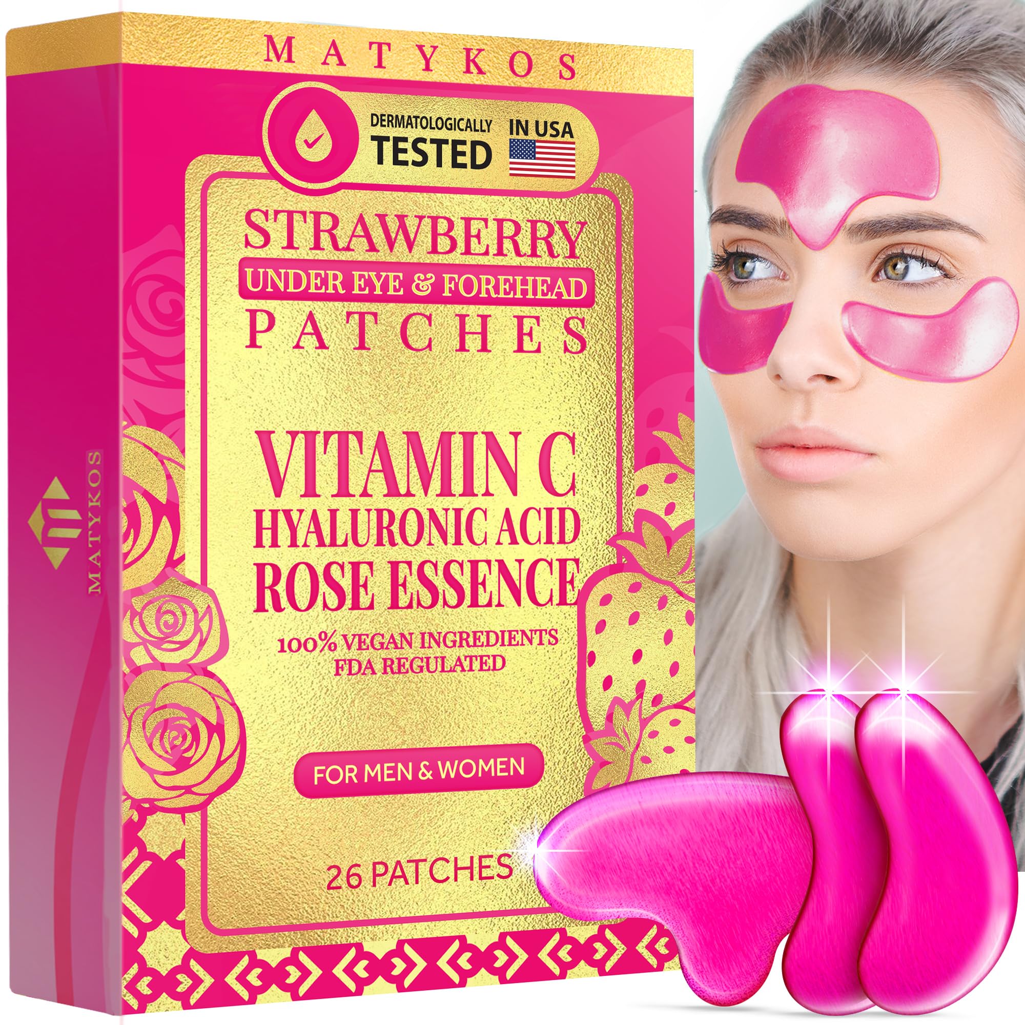 MatykosStrawberry Under Eye and Forehead Patches - 26 PCS - Collagen and Hyaluronic Acid Pads that Helps Reducing Under Eye Puffiness, Wrinkles, and Dark Circles - NO Artificial Fragrance or Alcohol