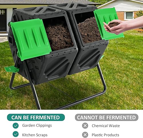 Miniatura 8 de LUCKYERMORE Compostador de doble cámara, 2-17.2 galones giratorio al aire libre con 2 puertas correderas y freno con cerradura para jardín y patio