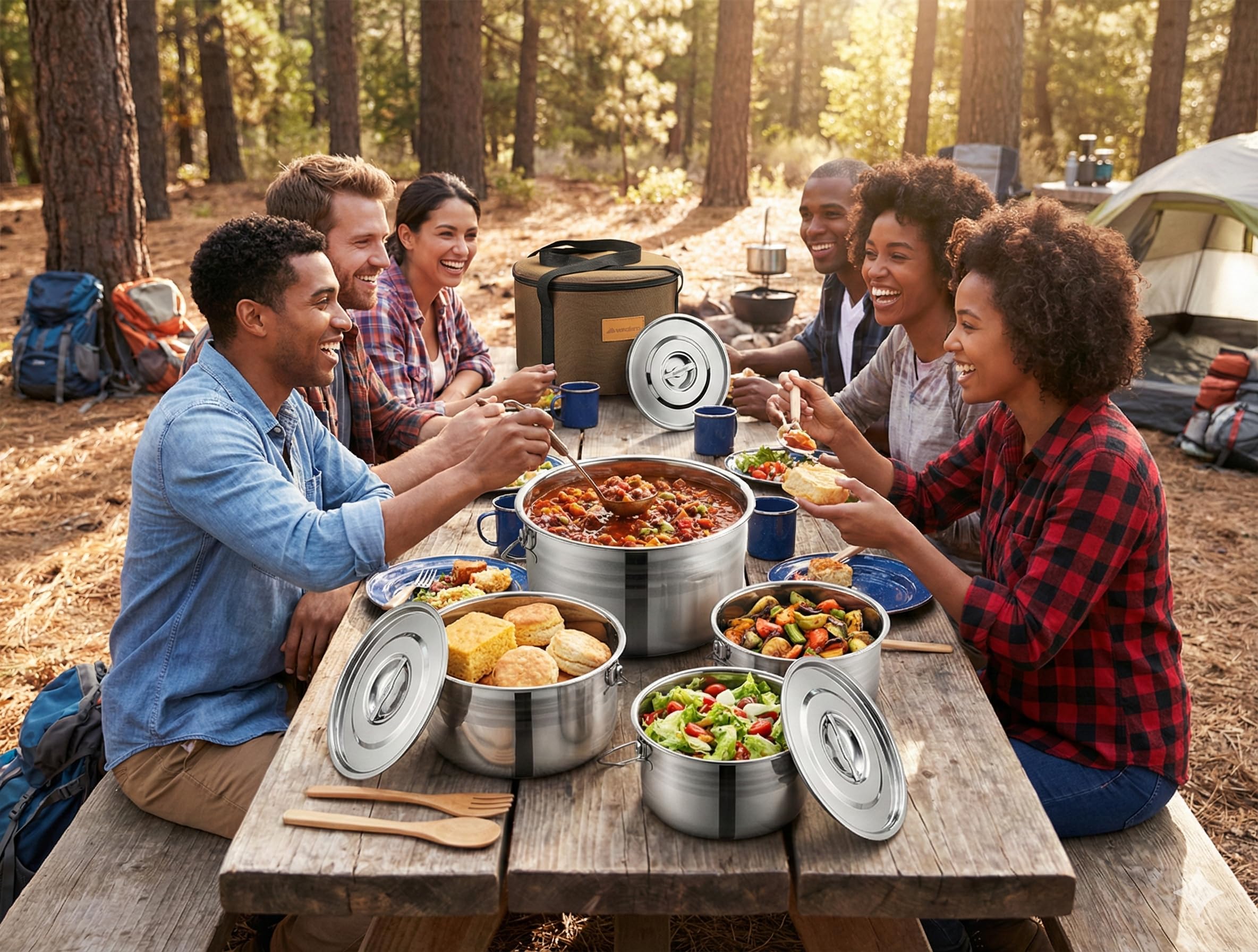 Camping-Kochgeschirr-Set – Kompaktes Edelstahl Lagerfeuer Kochtöpfe und Pfannen | Kombi-Set mit Reisetasche | Robustes Outdoor-Kochset zum Wandern | Grillen | Strand