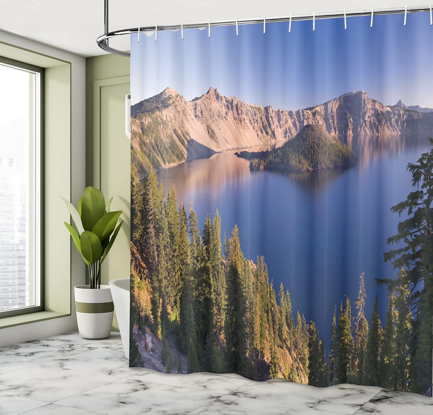 Ambesonne Lake Forest Shower Curtain, Crater Lake Volcano Oregon American Scenery, Cloth Fabric Bathroom Decor Set with Hooks, 69" W x 70" L, Dark Khaki Pale Peach Violet Blue Azure Blue