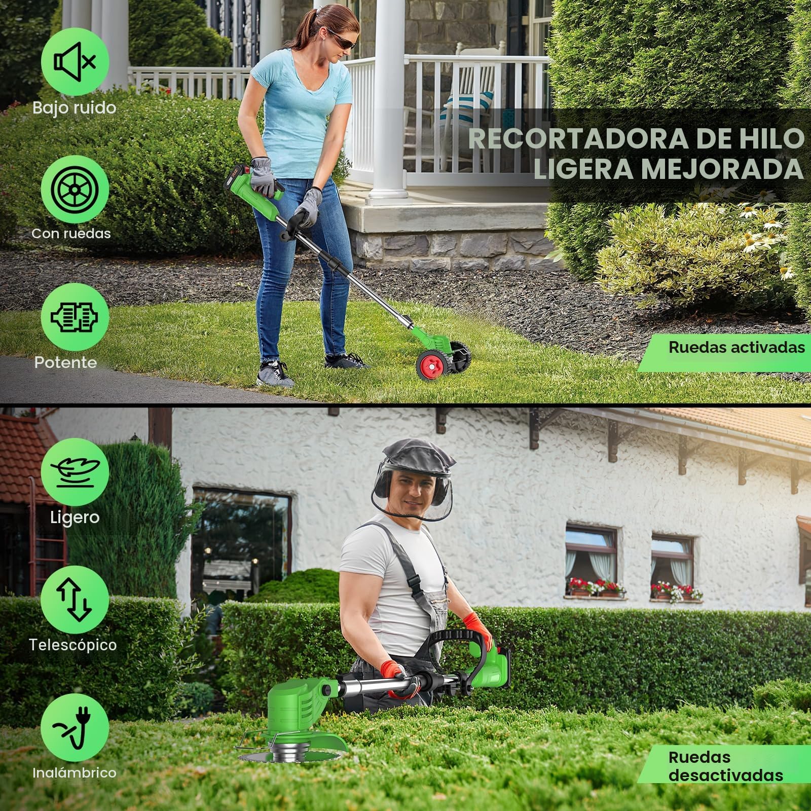 Desbrozadora Batería Plegable con Ruedas, Cortabordes Eléctrico 800W, 2 Baterías 21V (Compatible Makita 18V), 4 en 1, 13 Accesorios, Cabezal 90° y Mango Ajustable, para Jardín Césped (Verde)