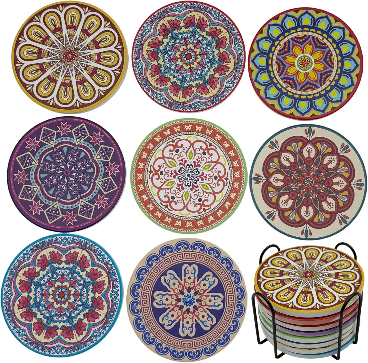 Mandala 4 Inches Round Absorbent Ceramic Coasters Set of 8, Cork Base with Holder, Boho Non-Slip Coasters for Drinks, Table Office