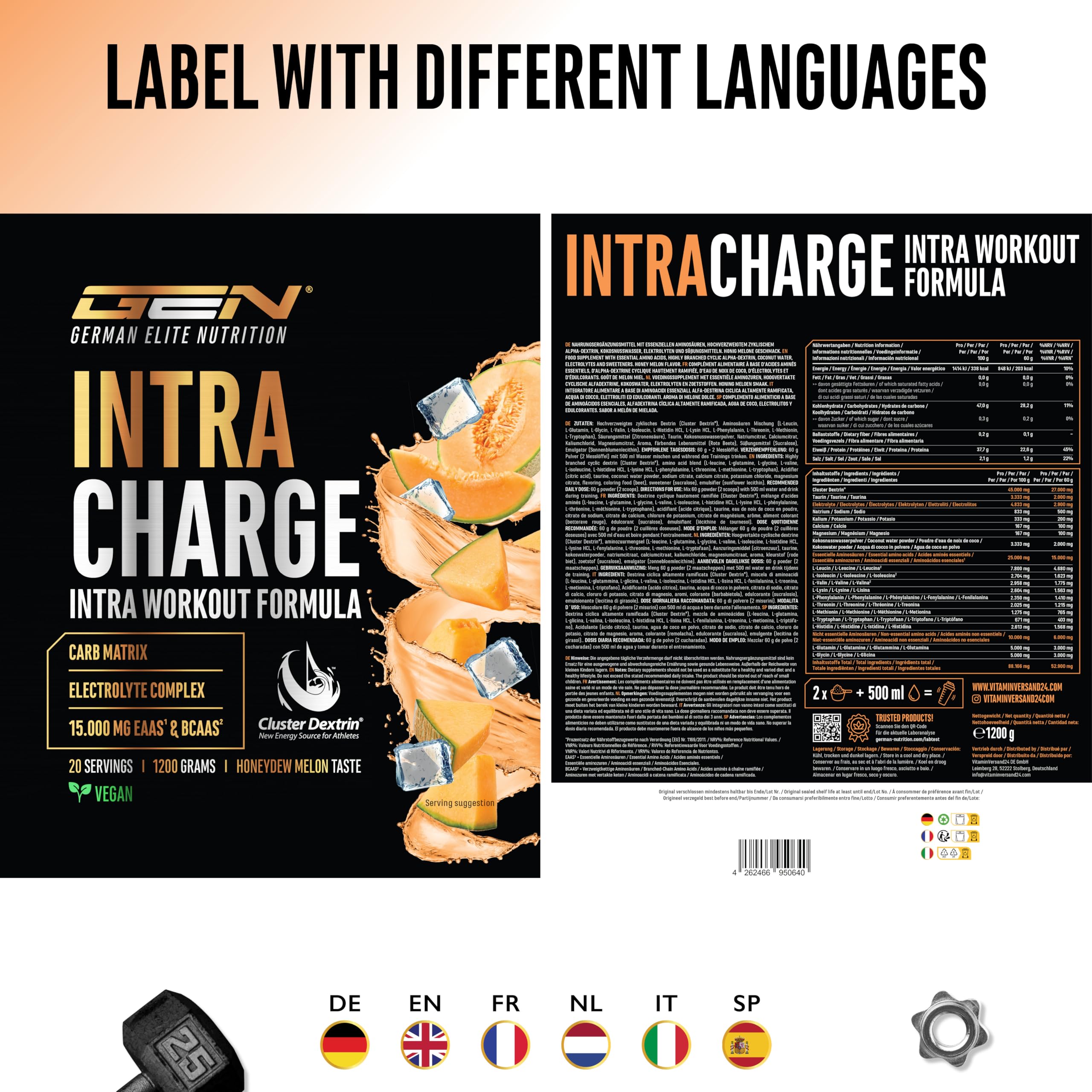 Intra Charge Workout Drink 1,2kg - Hochdosierter Komplex mit Cluster Dextrin®, allen 9 essentiellen EAAs & BCAAs, L-Glutamin, L-Glycin, Taurin, Elektrolyte Matrix - vegan (Honigmelone)