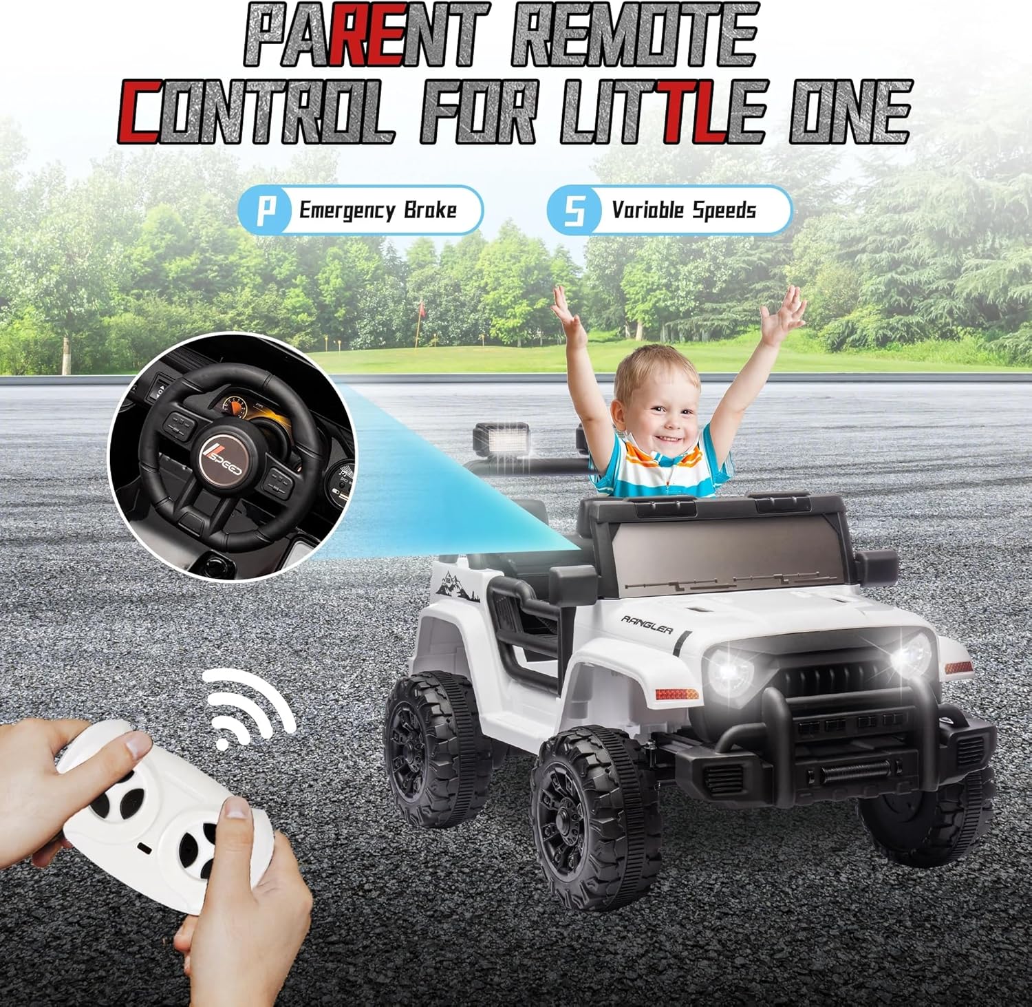 12V Ride on Toys for Toddler, Ride on Truck Car w/Remote Control, 12V Electric Car for Kids, Shock Absorption, 3 Speeds, Music & Bluetooth, Lights, Steering Wheel Quick Release (White)