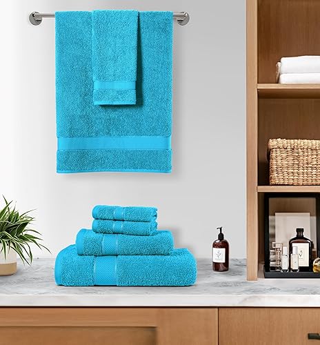 Miniatura 4 de Juego de 6 toallas de agua 100% algodón para baño, toallas de baño aguamarina, toallas de mano aguamarina, toallas de algodón altamente absorbentes