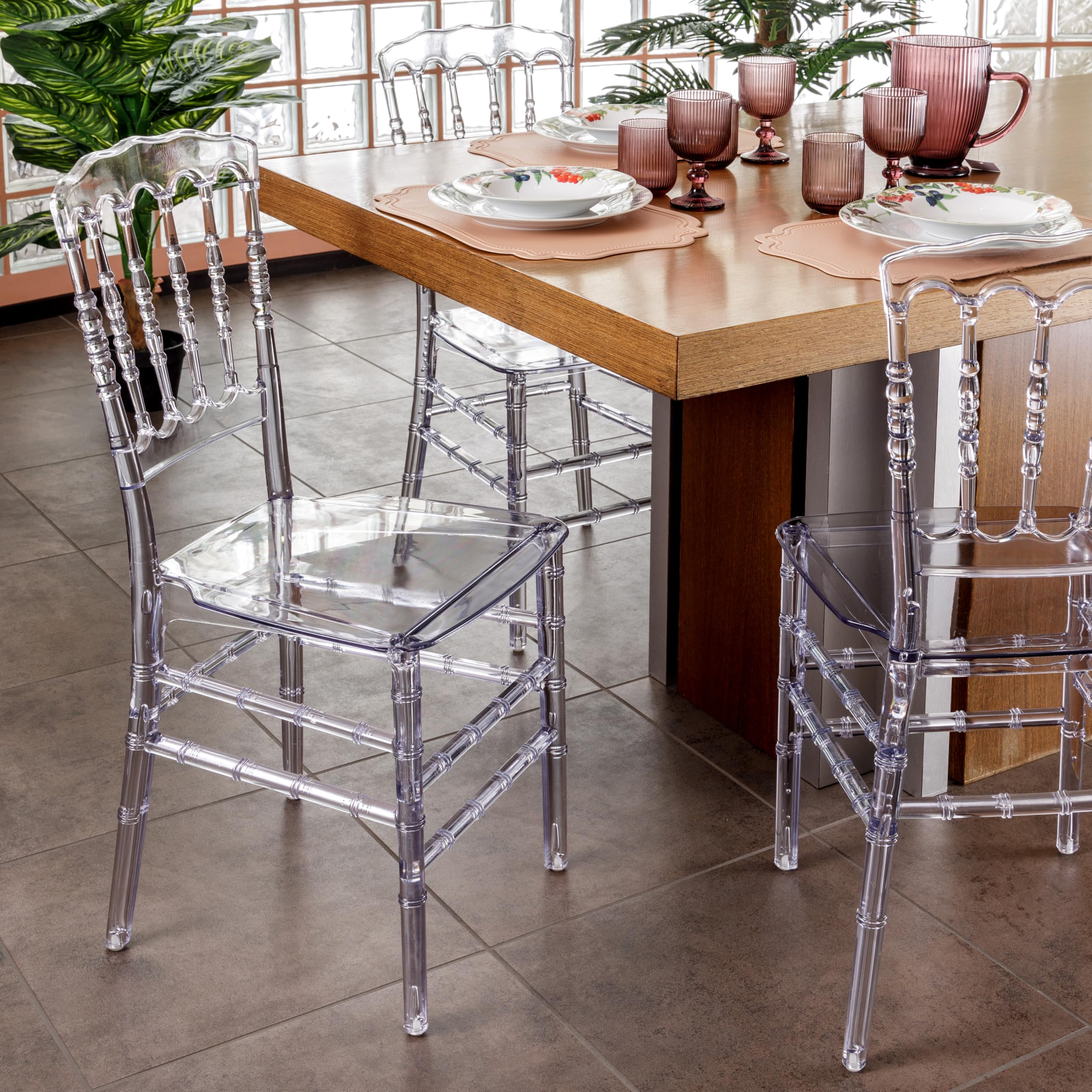Baroni Home Set aus 4 transparenten Polycarbonat-Stühlen, Elegantes stapelbares und wasserfestes Design für Wohnzimmer, Esszimmer, Schlafzimmer, 38X38X91 cm, Bambus