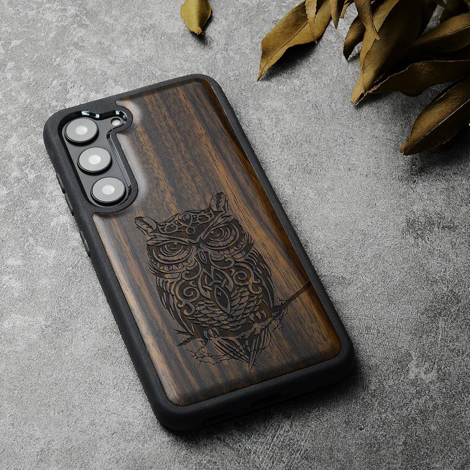 Carveit Wood Case for Galaxy S23 Case [Natural Wood & Black Soft TPU] Shockproof Protective Cover Unique & Classy Wooden Design Compatible with Samsung S23 (Branch owl-Blackwood)