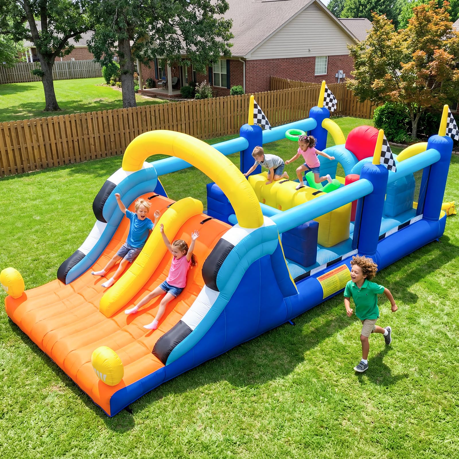 Hapfan Inflatable Obstacle Course Bounce House with Large Dual Slides, Crawl Tunnels, Climbing Wall & Basketball Hoop, 19.7ft x 8.3ft Bouncy Castle for Big Kids 3-12, Great for Party, 500lbs Capacity