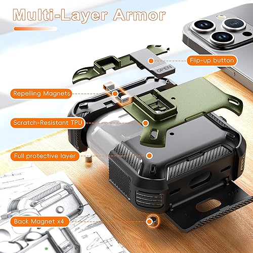 Miniatura 2 de R-fun Funda para AirPods Pro 2 con kit de limpieza, elementos de fibra de carbono, cubierta desplegable automática a prueba de caídas, soporte para