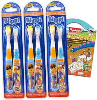 Blippi 6-Pack Toothbrush Bundle ~ Kids Soft Toothbrush Set Blippi Bathroom Dental Care with Highlights Grab and Go Activity Book (Blippi Toothbrush Set)