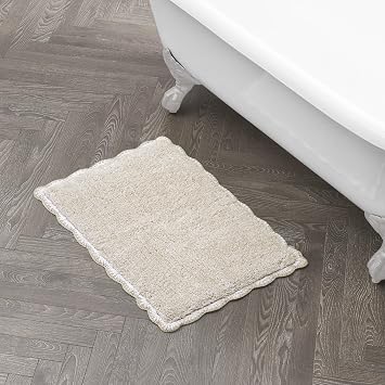 Laura Ashley Heathered Crochet Border 100% Cotton 17"x24" Skid-Resistant Bath Rug, Taupe Sandshell