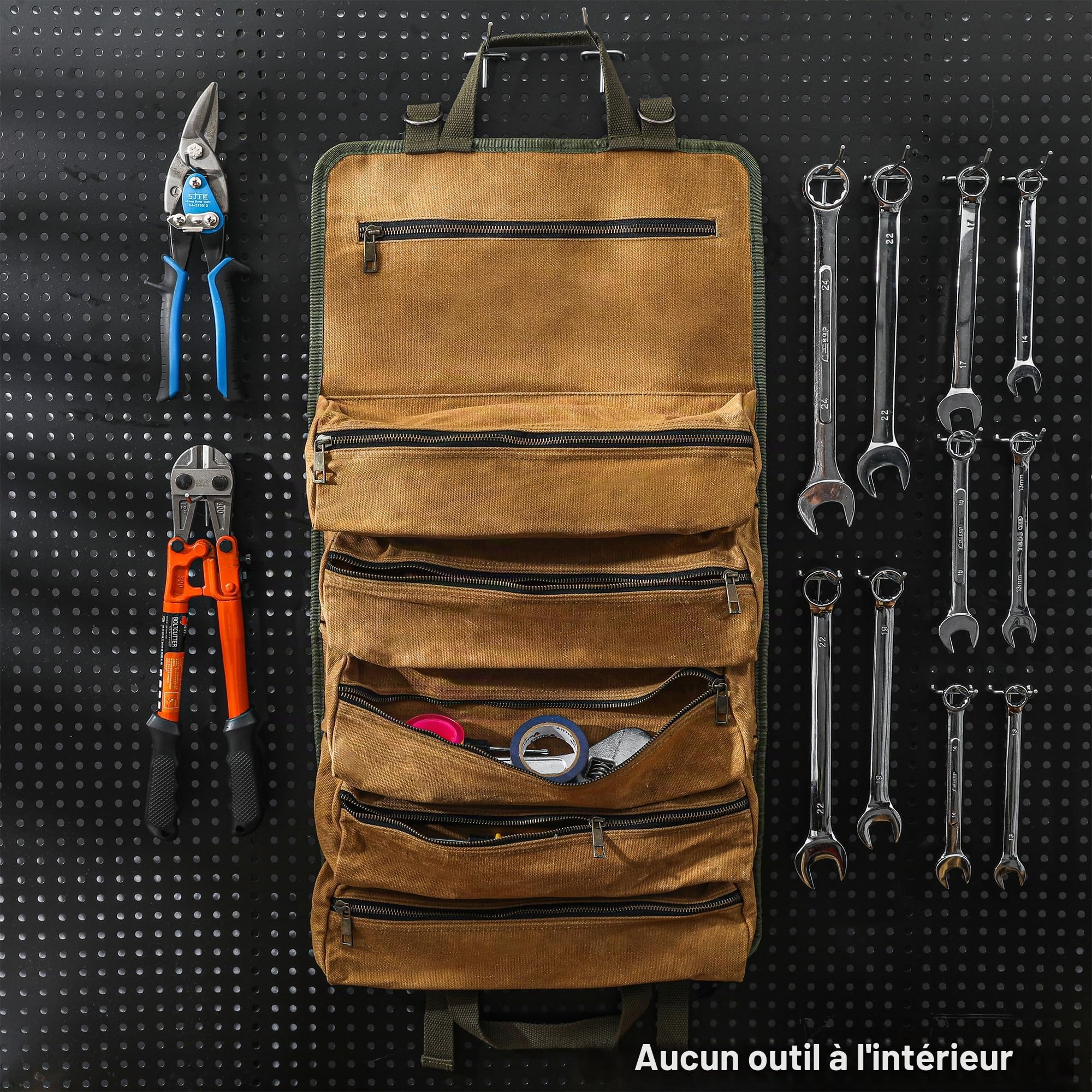Sac à roulettes pour outils en toile cirée, Grand rouleau de clés à molette avec 6 poches zippées, Sac à outils multifonctions, Kaki