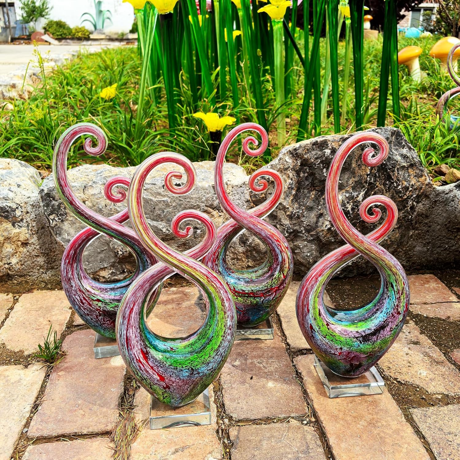14 Inch Hand Blown Abstract Glass Sculpture with Base, Weather-Resistant Murano Style Art Statue for Patio Garden, Home Office Decor, Unique Art Enthusiast Gift - Image 4