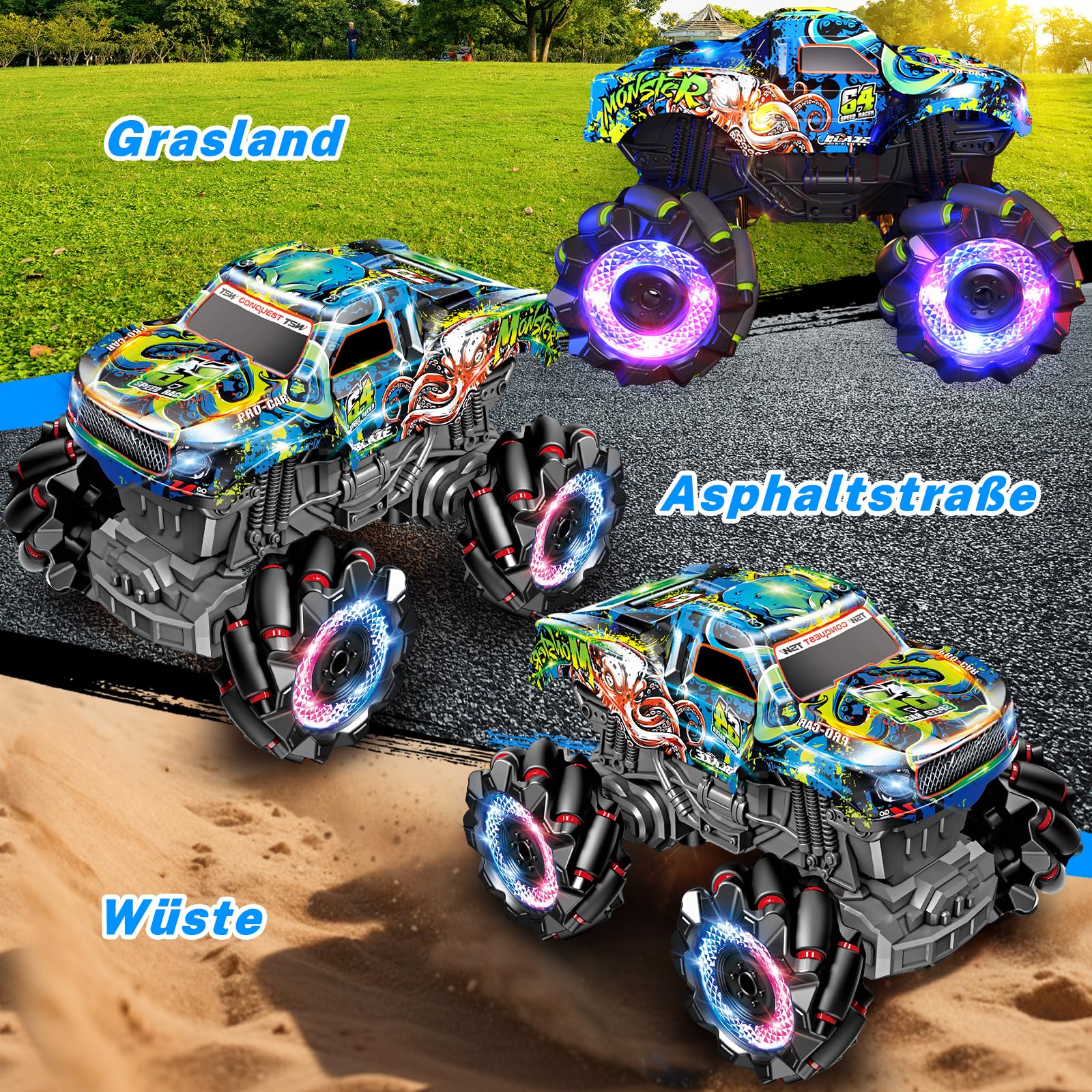 Monster Truck z podświetlanymi oponami i muzyką, 2,4 GHz, obrót o 360°, ciężarówka Monster Truck 1/20 z 2 bateriami, 50 min autonomii, samochód zdalnie sterowany od 3, 4, 5, 6, 7, 8