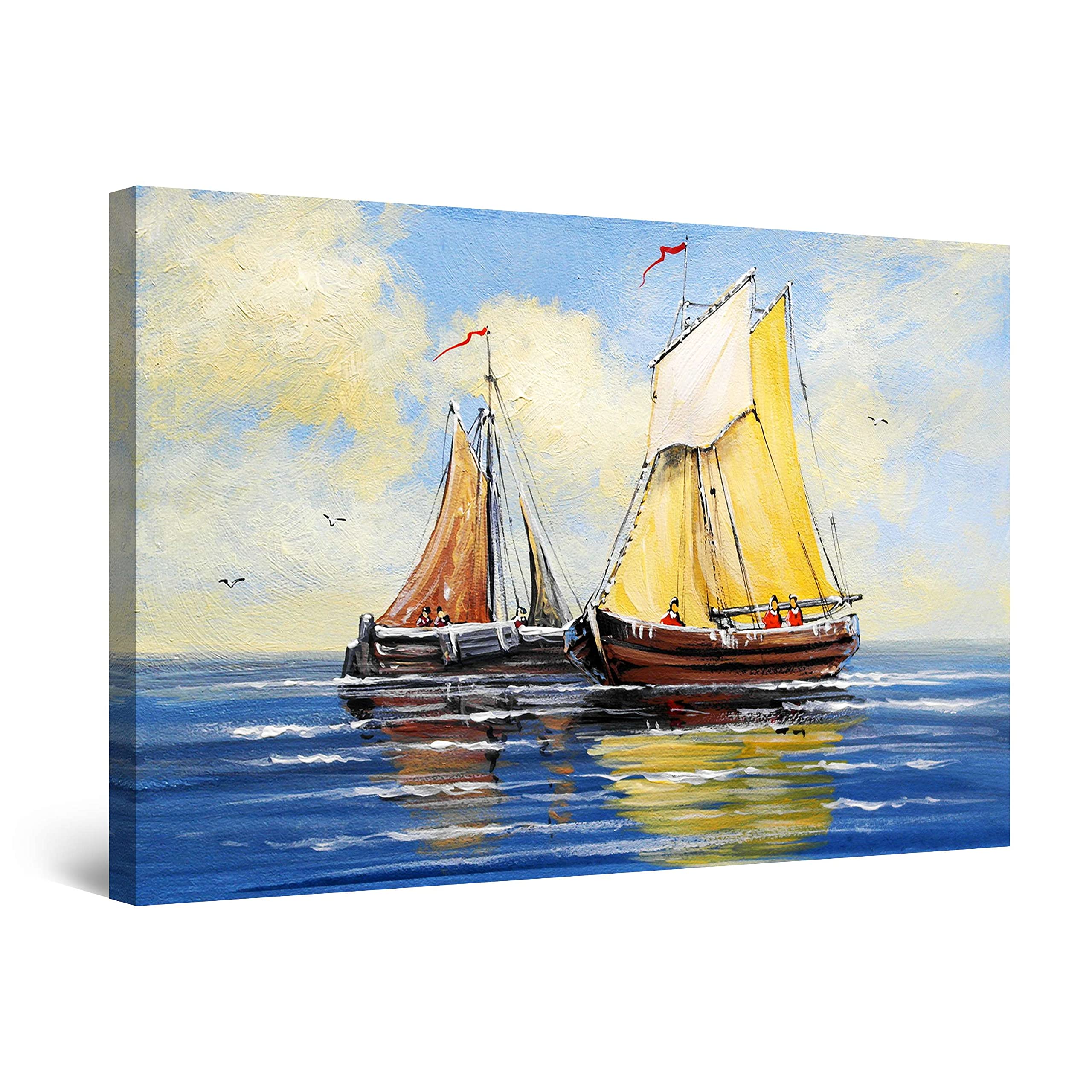 Startonight Canvas Wall Art Abstract - Two Boats on the Quiet Sea Painting - Large Artwork Print for Living Room 32" x 48"