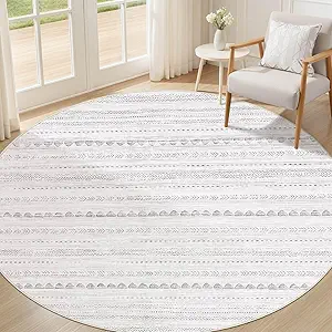 Nakagishi Round Rug Boho Area Rugs: 5x5 Washable Large Circle Neutral Soft Stain Resistant Non-Slip Carpet for Women Aged 25-45 Farmhouse Decor Enthusiasts - Living Room Bedroom Dining Room Nursery