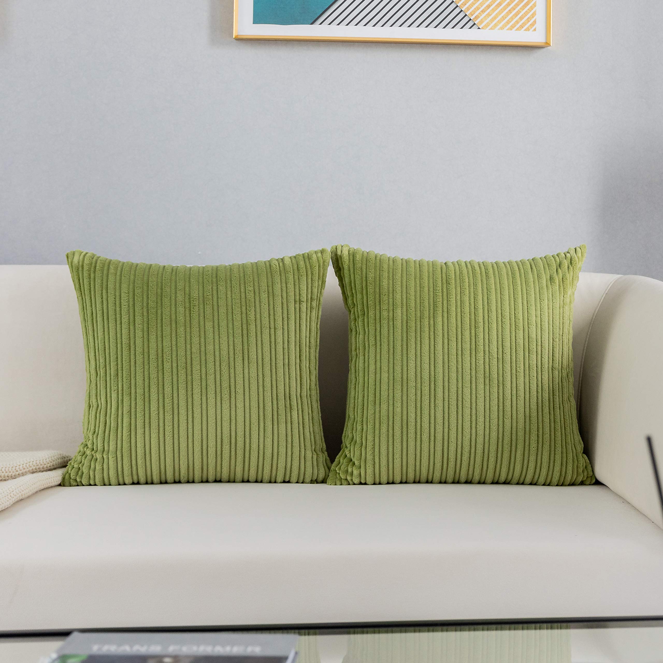 Kevin Textile Spring Corduroy Cushion Covers 45 x 45 cm Set of 2, Soft Stripe Decorative Cushions Covers 18x18 Inch with Invisible Zipper for Chair Couch Sofa Bedroom, Green — image 1