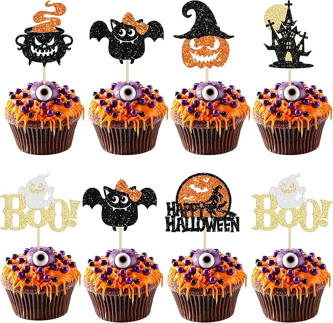 24Pcs Happy Halloween Cupcake Toppers Glitter Picks Bat Pumpkin Ghost Cake Decorations