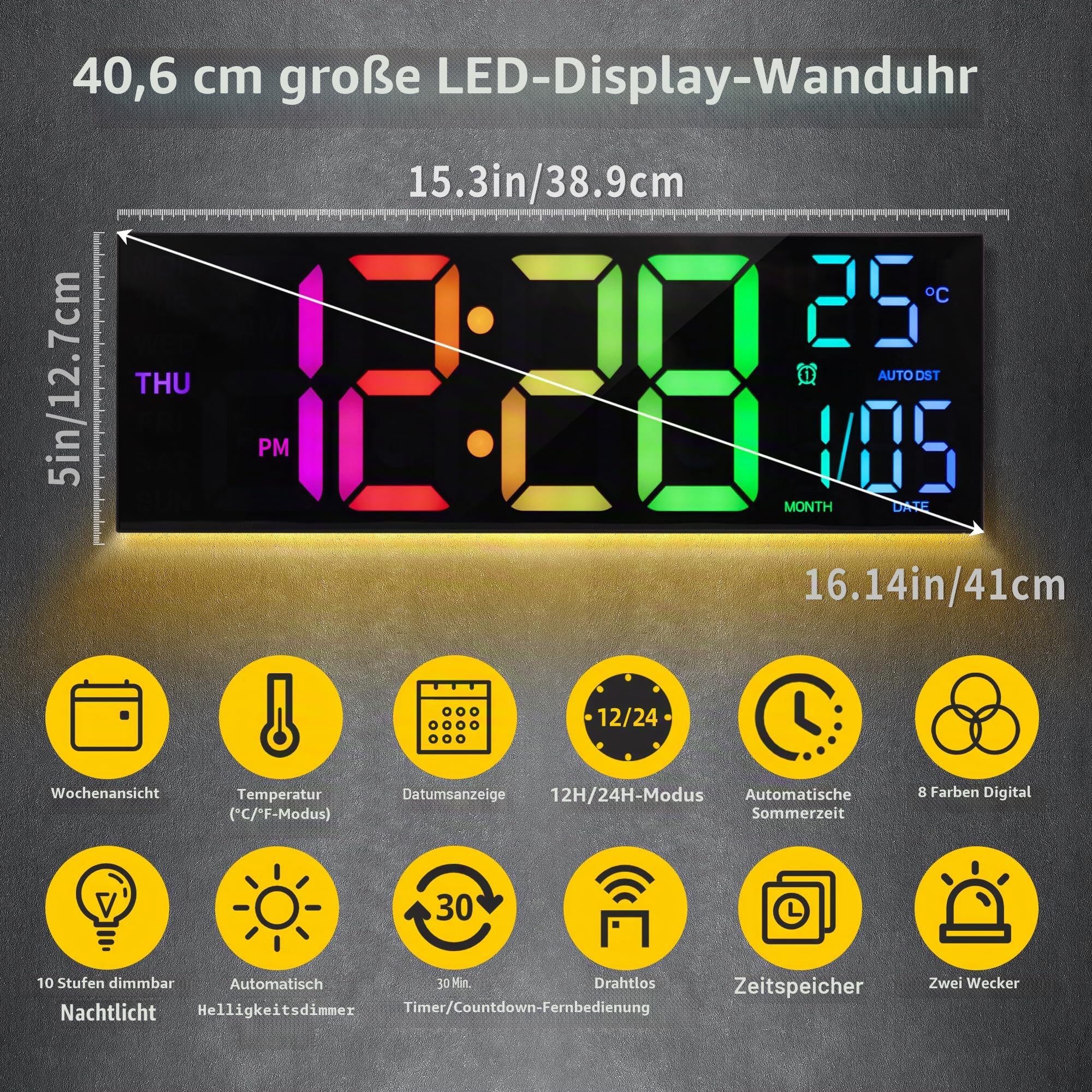 Wanduhr Digital - 8 Farben Digitale Wanduhr 16,2" Große Digitale Uhr mit Temperatur, Datum, Nachtlicht, Automatische Helligkeitsregelung, 24/12-Stunden für Wohnzimmer Büro Fitnessstudio