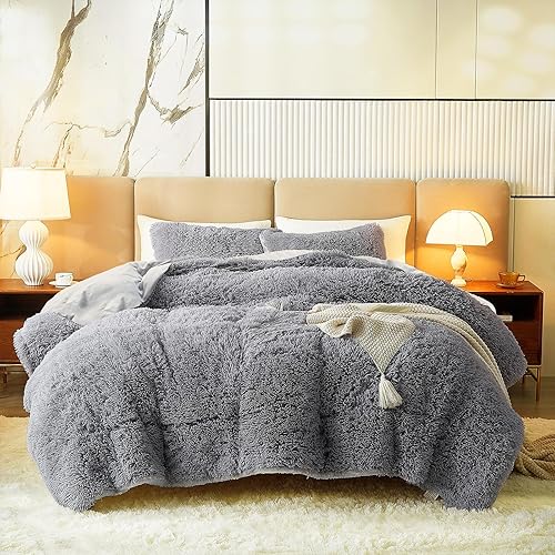 Juego de edredón lanudo de 3 piezas, color gris, tamaño King, juego de edredón de piel sintética de invierno con 2 fundas de almohada, ultra suave y