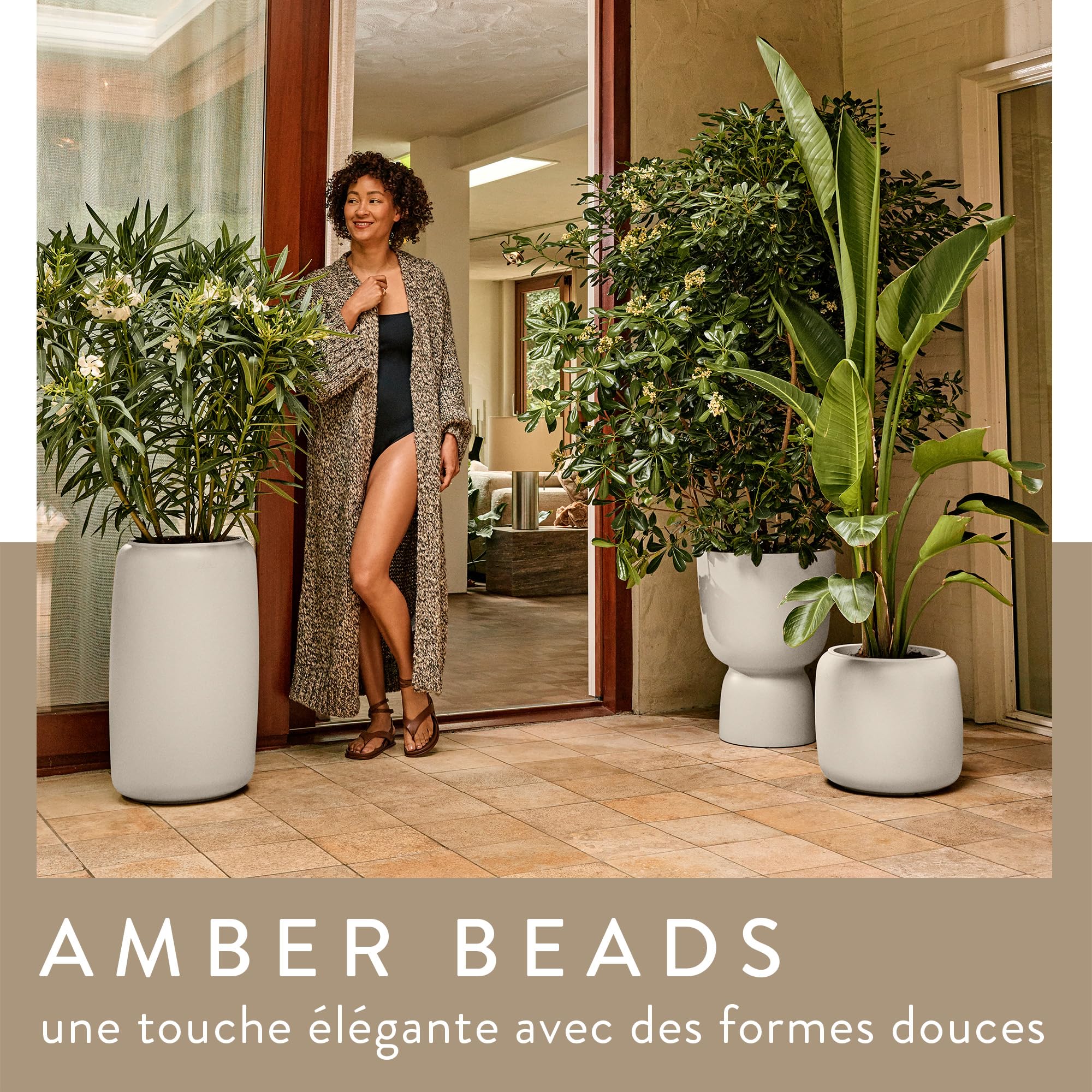Elho Amber Beads Small 40cm Pot de Fleur - Linen White | Ø 39.2 x H 34.9 cm | Convient à une Utilisation Extérieure | Plastique 100% recyclé