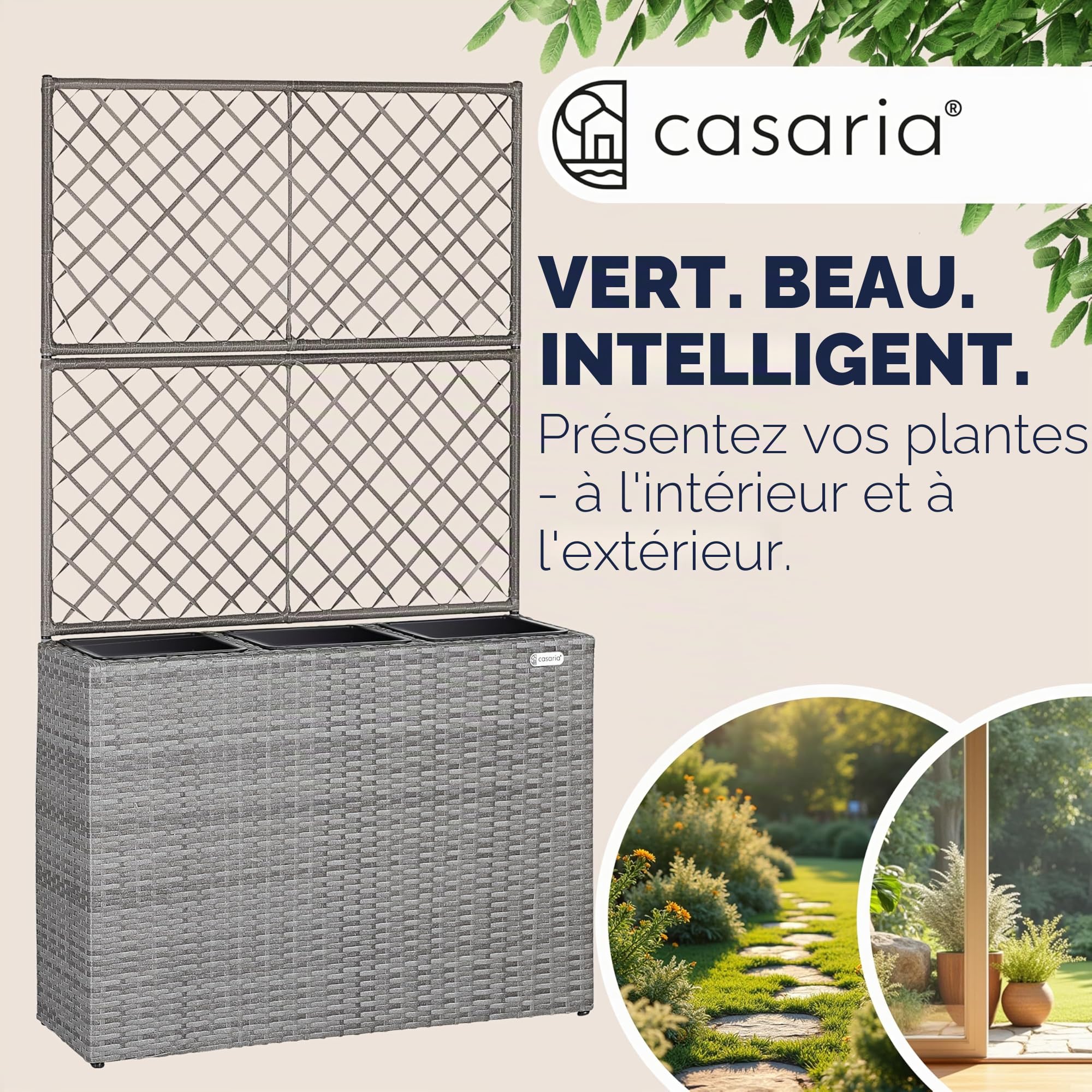 Casaria Jardinière en polyrotin avec Treillis Gris 146 x 83 x 30,5 cm Set de 3 Pots de Fleurs bac à Fleurs pour Jardin Maison Balcon