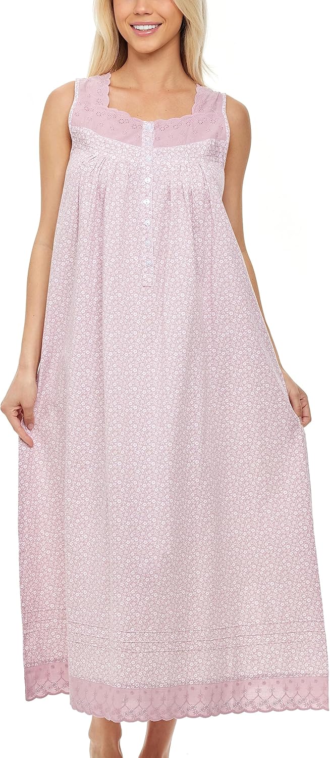Alexander Del Rossa Cotton Nightgowns for Women, Long Sleeveless Nightgowns for Women Soft Cotton