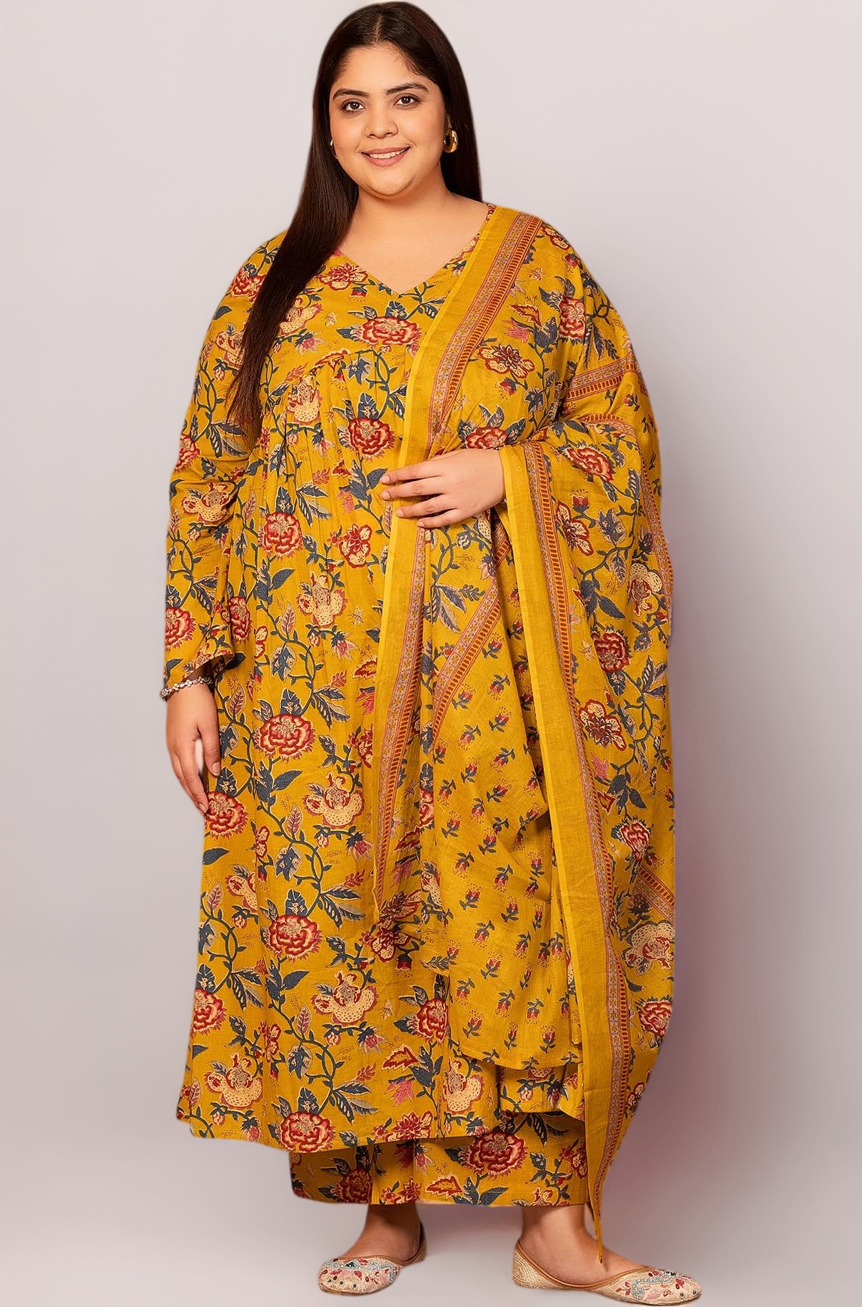 MEERA FAB Women's Cotton Blend V-Neck Plus Size Anarkali Printed Kurta with Palazzo & Dupatta