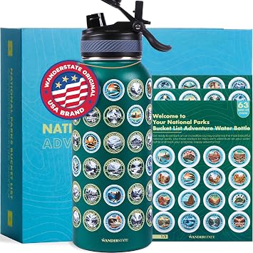 WANDERSTATE National Parks Water Bottle with 63 Waterproof Stickers - Gift-Ready Packaging + 2 Lids - 32oz Leakproof Insulated Stainless Steel with Straw - National Parks Gift Set Green