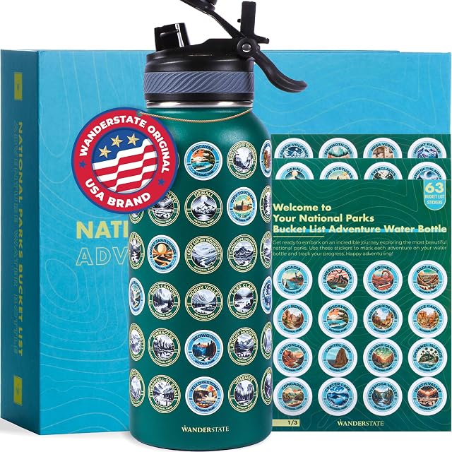 National Parks Water Bottle with 63 Waterproof Stickers - Gift-Ready Packaging 2 Lids - 32oz Leakproof Insulated Stainless