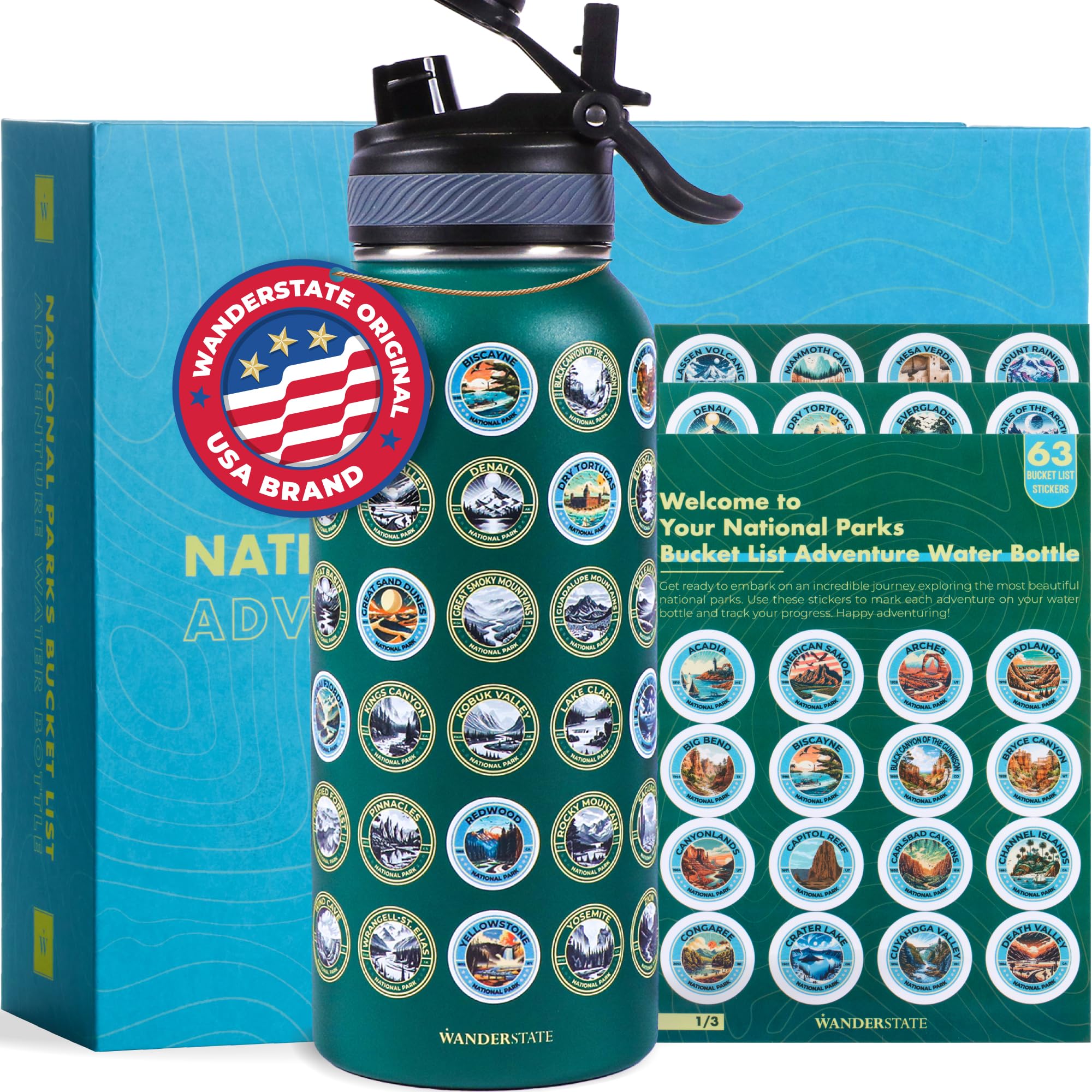 National Parks Water Bottle with 63 Waterproof Stickers - Gift-Ready Packaging 2 Lids - 32oz Leakproof Insulated Stainless