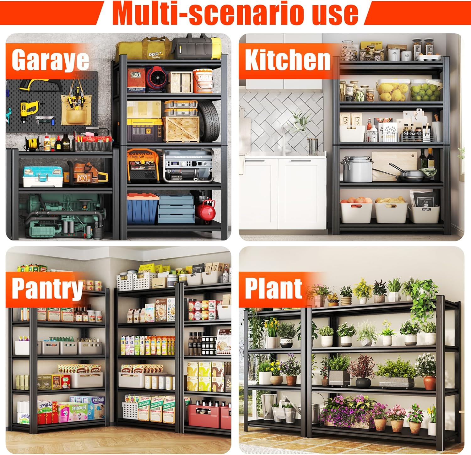 5Tier-Basement & Garage Storage Shelves - Heavy Duty Metal Shelving Units with Adjustable Racks, Suitable for Garage, Basement & Shed, Perfect for Storing Seasonal Items & Tools (63'H*45.3'W*19.7'D)