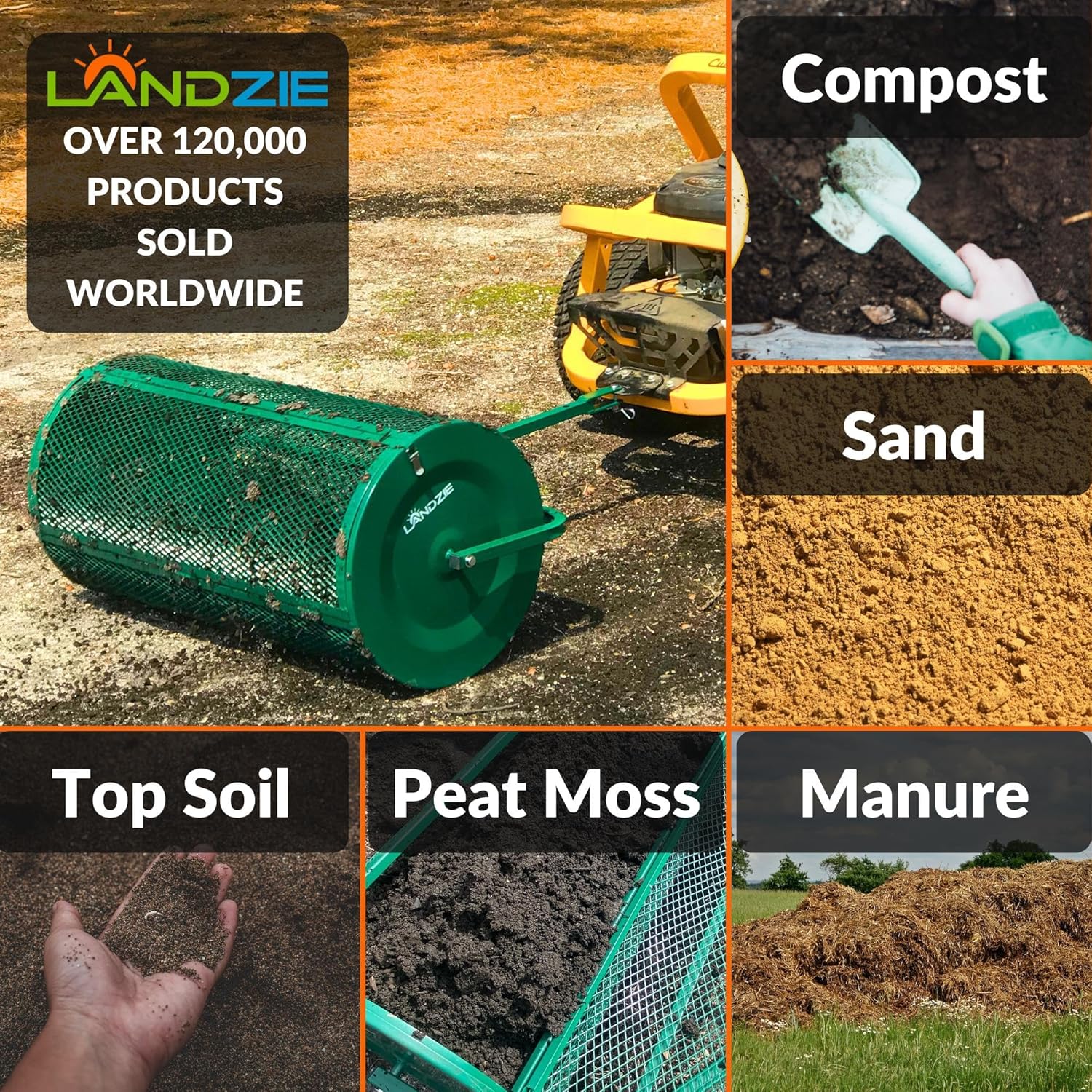 LANDZIE Lawn & Garden Spreaders - 36 Inch Heavy Duty Metal Mesh Basket Push/Tow Spreader - Compost, Peat Moss, Top Soil, Mulch - Durable Lightweight Multi-Purpose Yard Care Equipment - Manure Spreader
