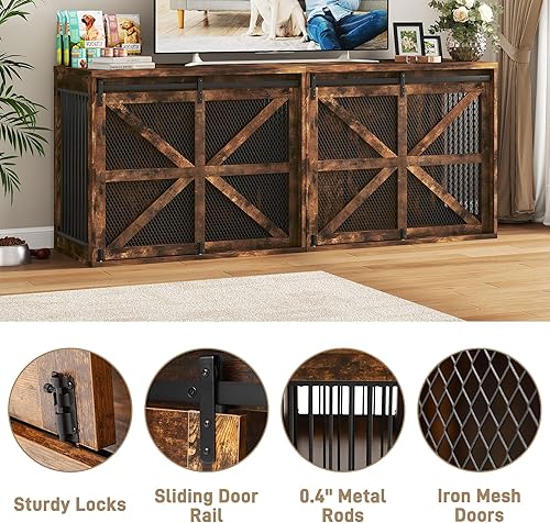 Miniatura 6 de Mueble de jaula para perros de granja de 43 pulgadas, muebles de madera para perreras con puerta corrediza de malla metálica de granero, muebles